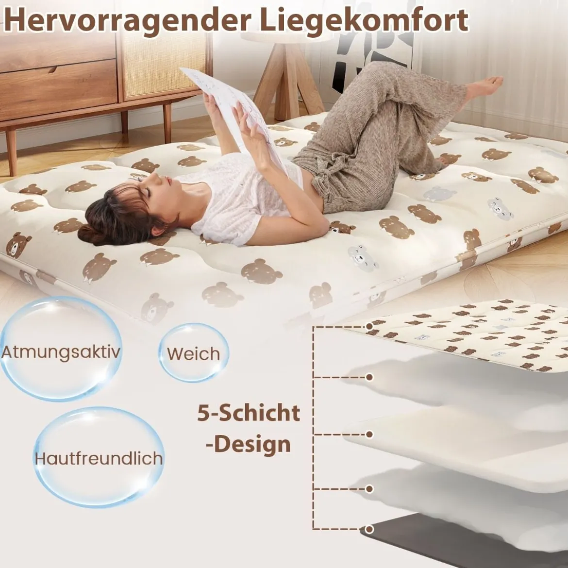 Japanische Futon Matratze mit Waschbarem Bezug & Tragetasche Tatami-Matte 90/140 x 200 cm