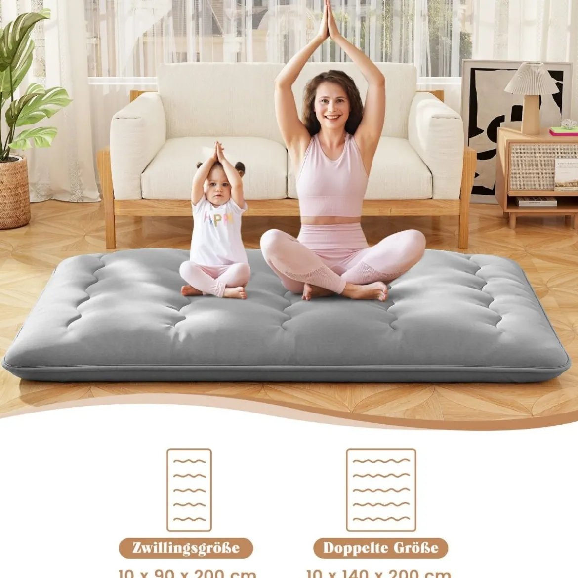 Japanische Futon Matratze mit Waschbarem Bezug & Tragetasche Tatami-Matte 90/140 x 200 cm