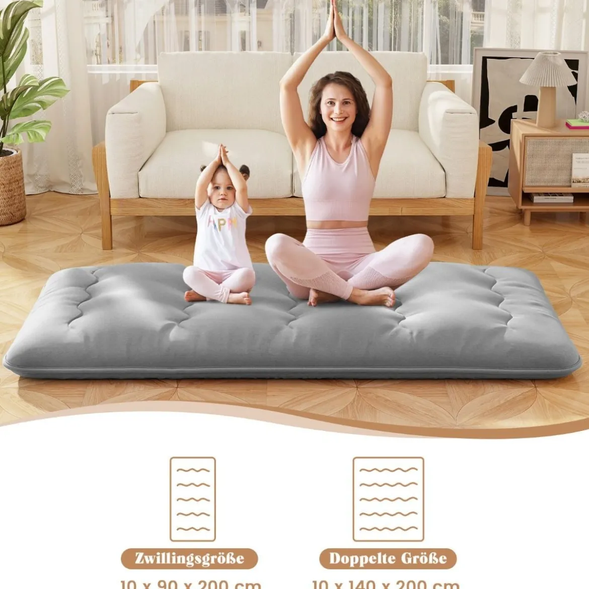 Japanische Futon Matratze mit Waschbarem Bezug & Tragetasche Tatami-Matte 90/140 x 200 cm