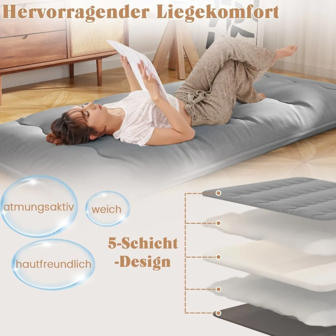 Japanische Futon Matratze mit Waschbarem Bezug & Tragetasche Tatami-Matte 90/140 x 200 cm