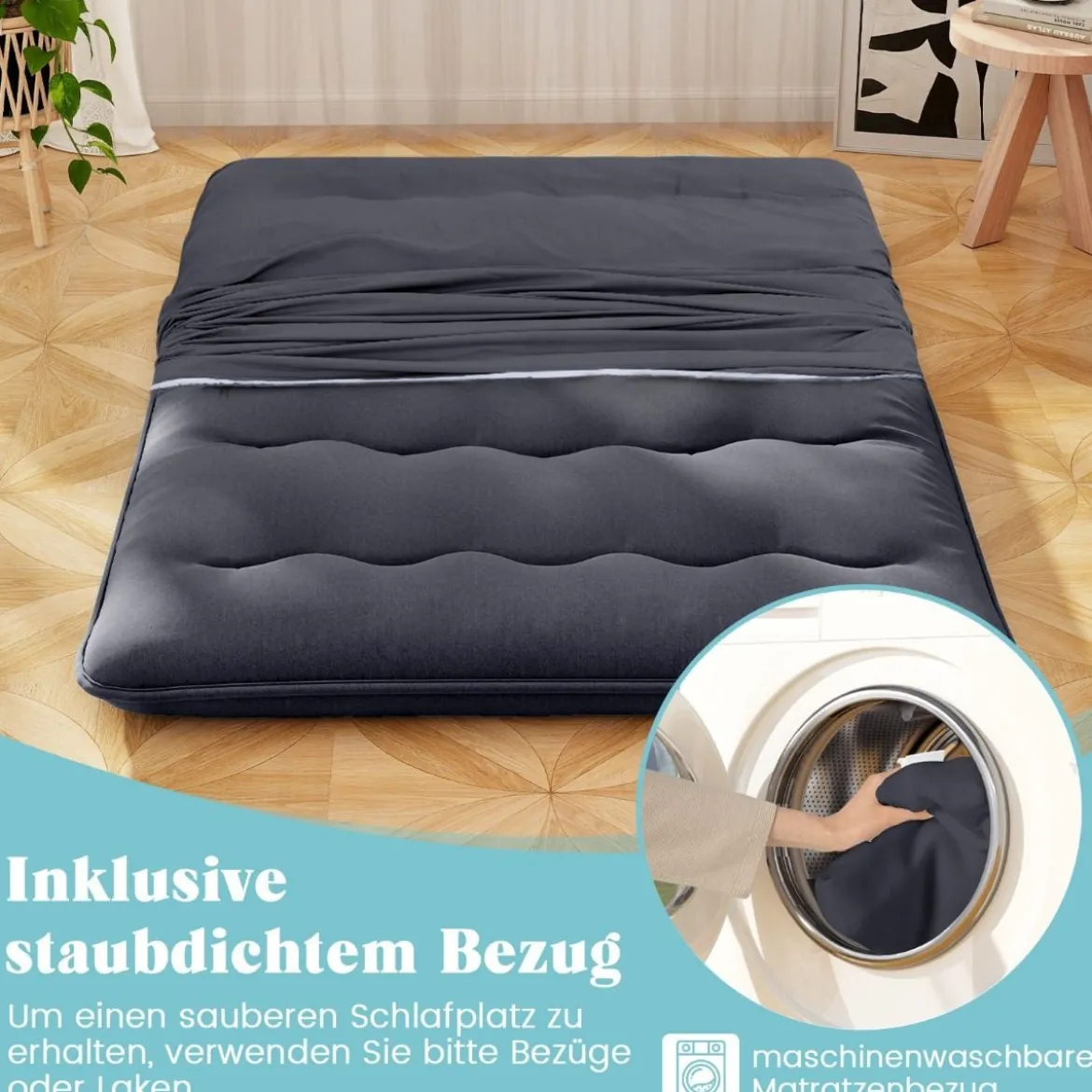 Japanische Futon Matratze mit Waschbarem Bezug & Tragetasche Tatami-Matte 90/140 x 200 cm