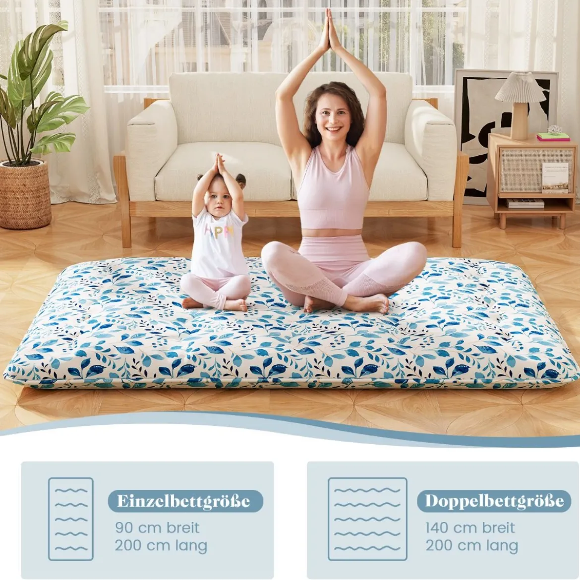 Japanische Futon Matratze mit Waschbarem Bezug & Tragetasche Tatami-Matte 90/140 x 200 cm