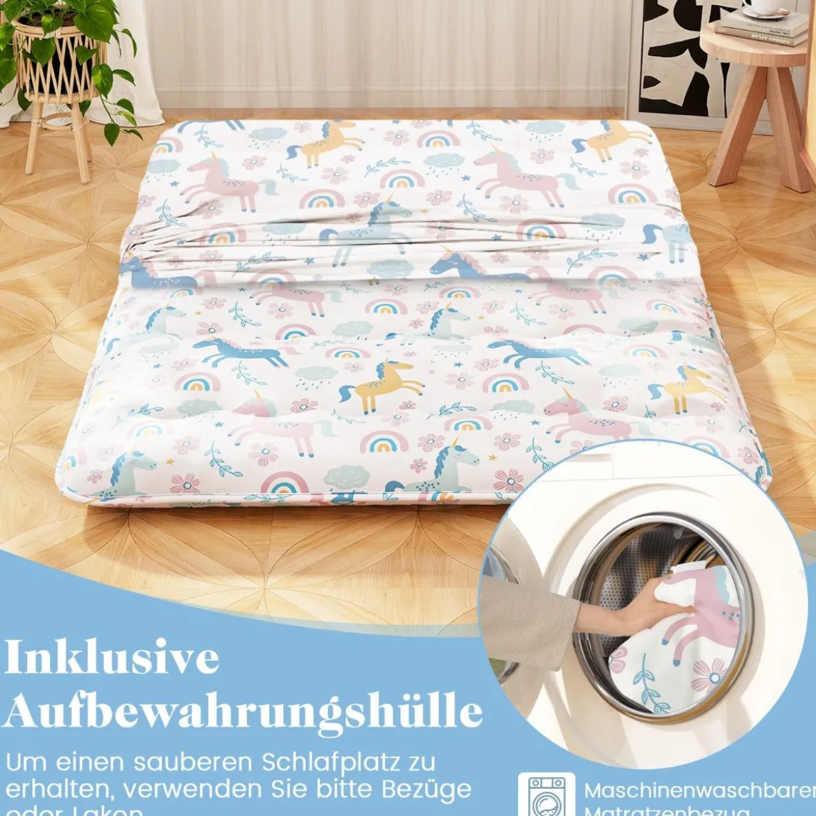 Japanische Futon Matratze mit Waschbarem Bezug & Tragetasche Tatami-Matte 90/140 x 200 cm