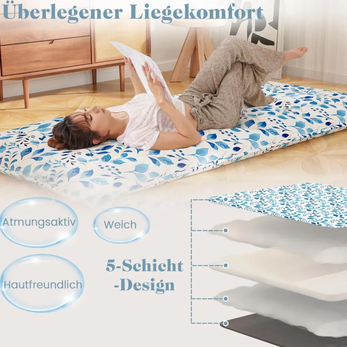 Japanische Futon Matratze mit Waschbarem Bezug & Tragetasche Tatami-Matte 90/140 x 200 cm