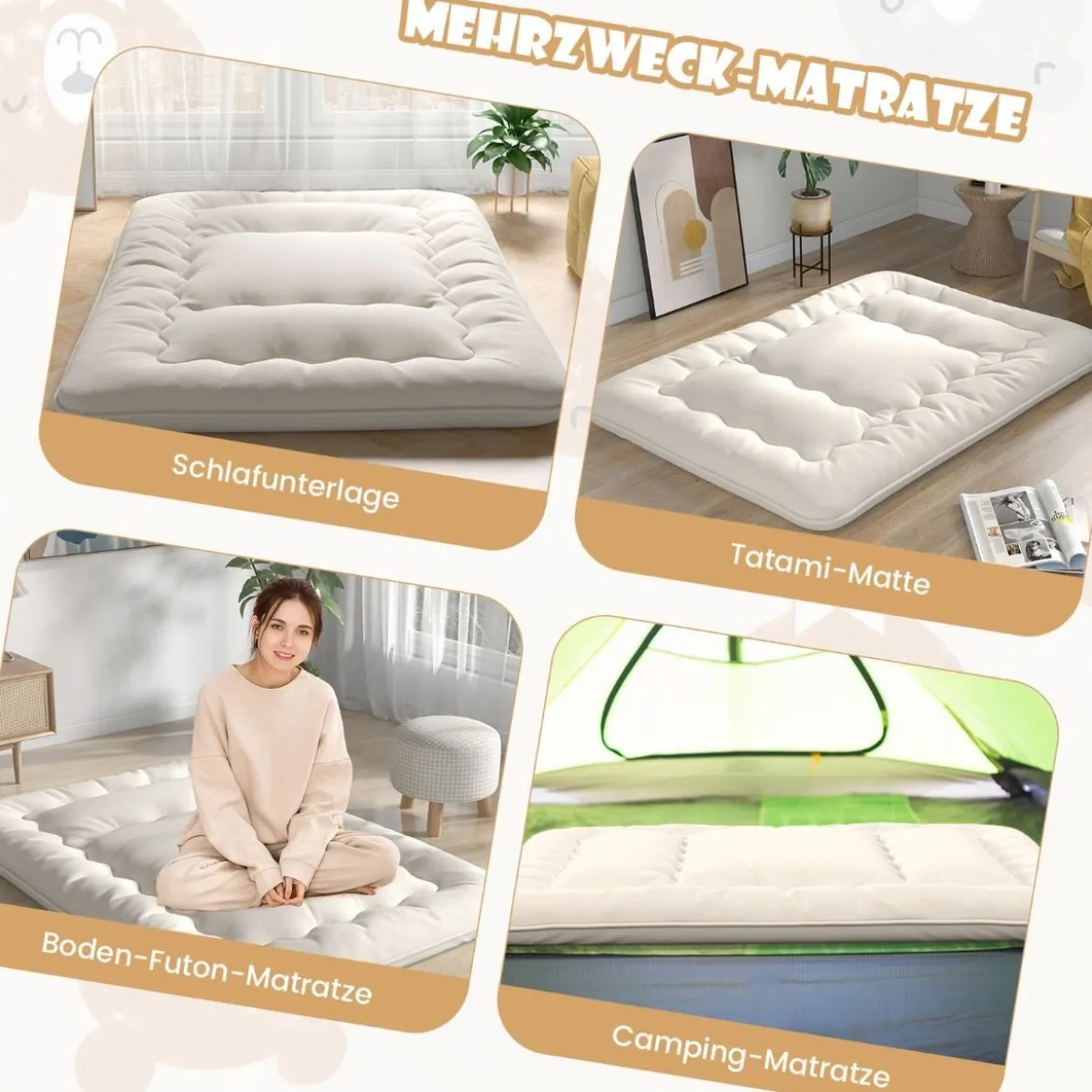 Japanische Futon Matratze mit Waschbarem Bezug & Tragetasche Tatami-Matte 90/140 x 200 cm