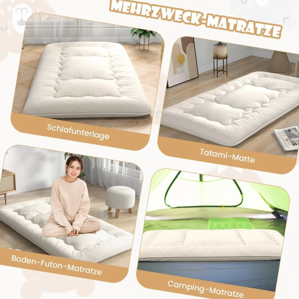 Japanische Futon Matratze mit Waschbarem Bezug & Tragetasche Tatami-Matte 90/140 x 200 cm
