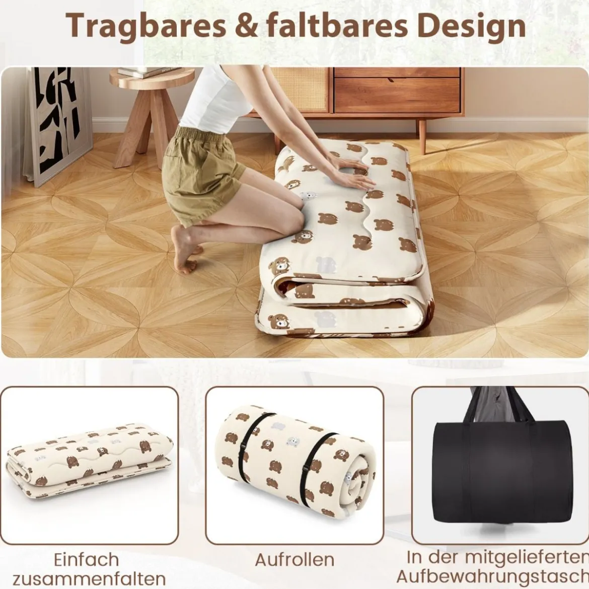 Japanische Futon Matratze mit Waschbarem Bezug & Tragetasche Tatami-Matte 90/140 x 200 cm