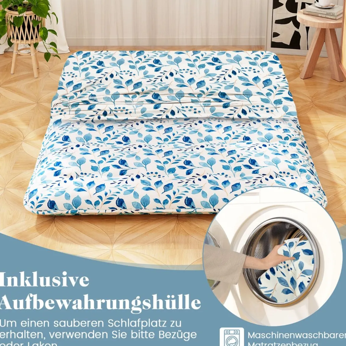Japanische Futon Matratze mit Waschbarem Bezug & Tragetasche Tatami-Matte 90/140 x 200 cm
