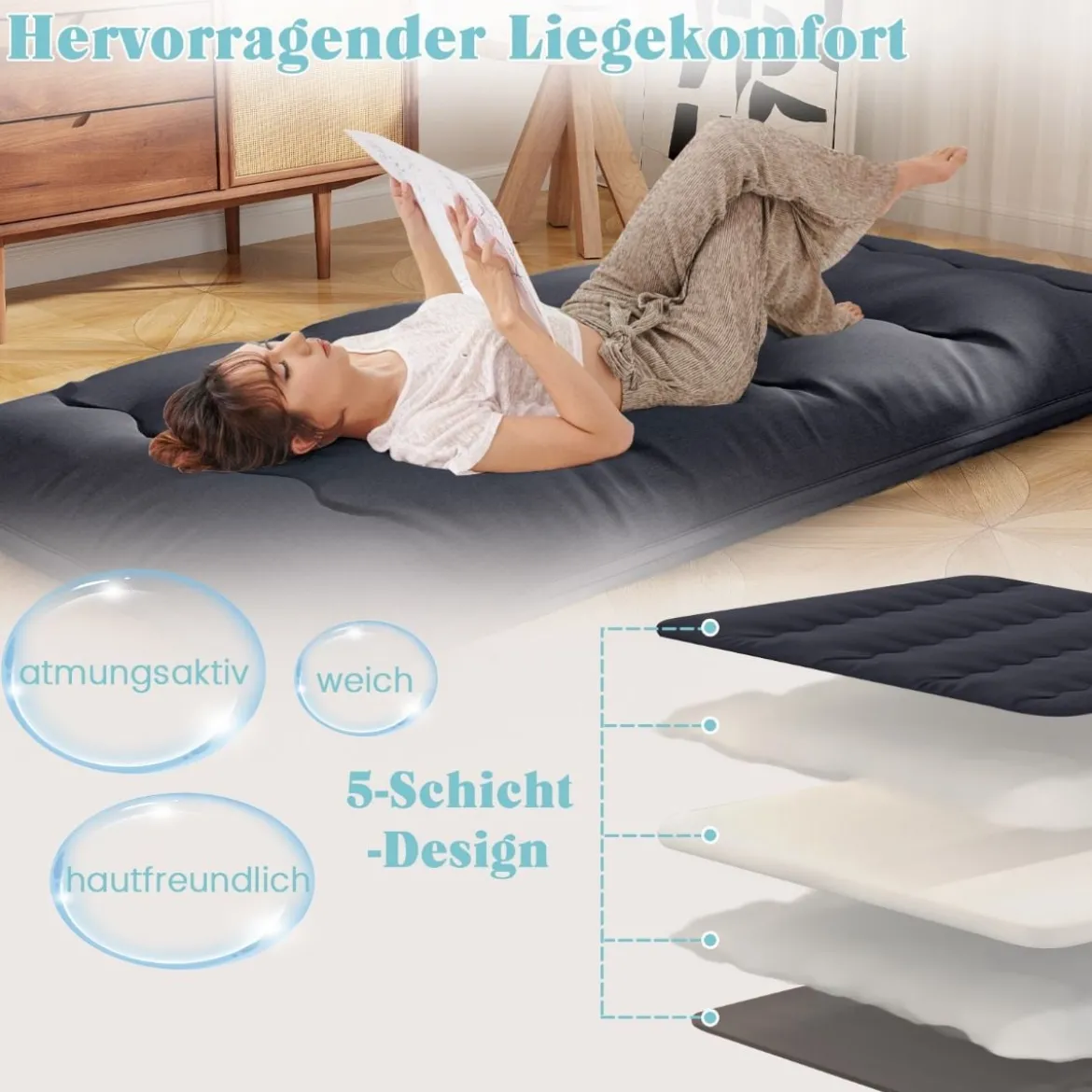 Japanische Futon Matratze mit Waschbarem Bezug & Tragetasche Tatami-Matte 90/140 x 200 cm