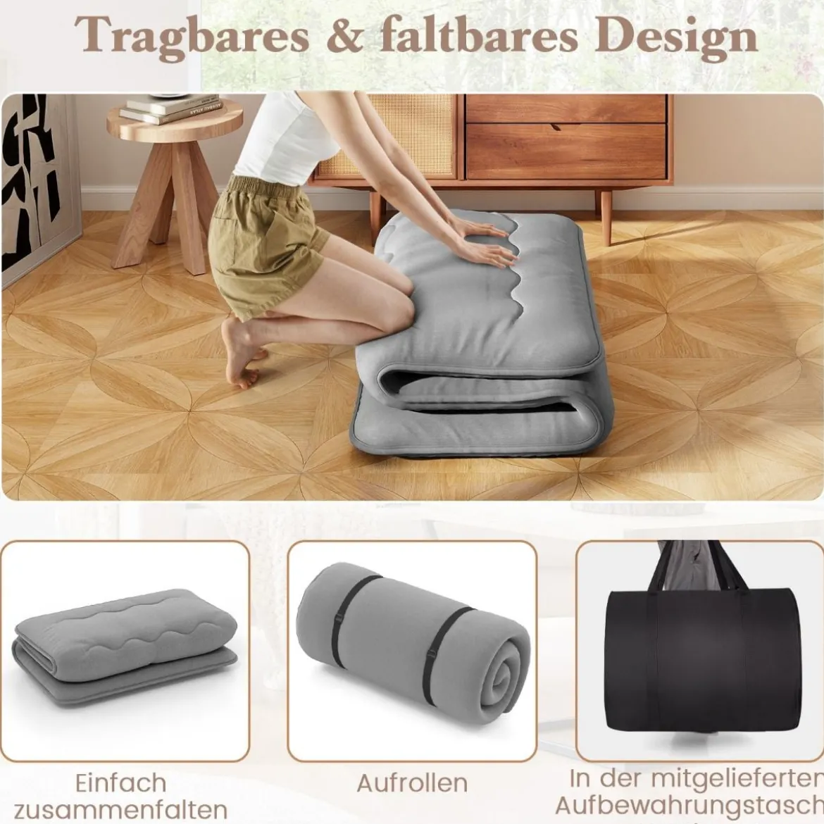 Japanische Futon Matratze mit Waschbarem Bezug & Tragetasche Tatami-Matte 90/140 x 200 cm