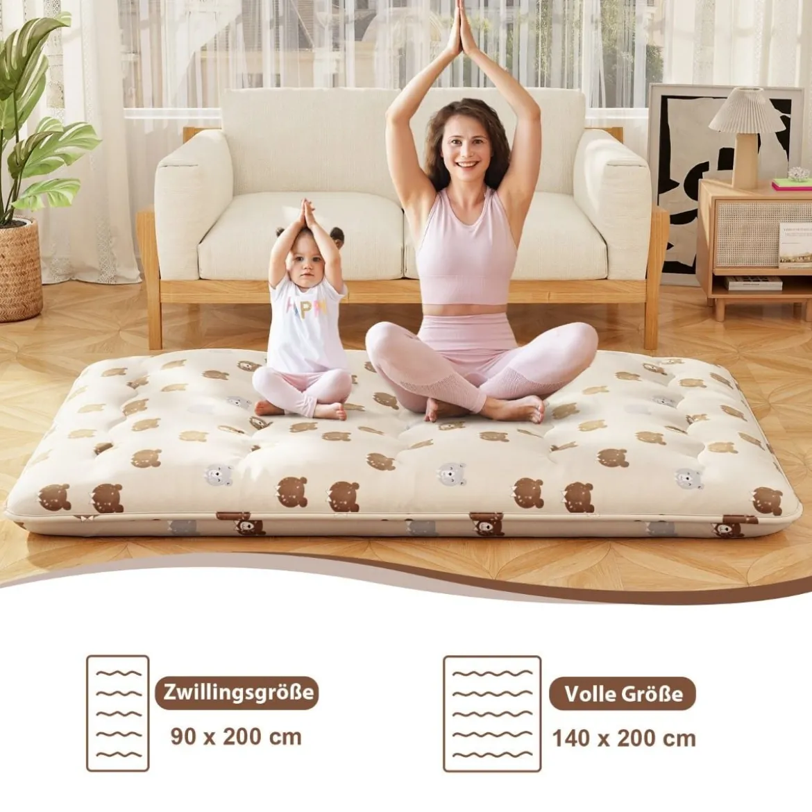 Japanische Futon Matratze mit Waschbarem Bezug & Tragetasche Tatami-Matte 90/140 x 200 cm
