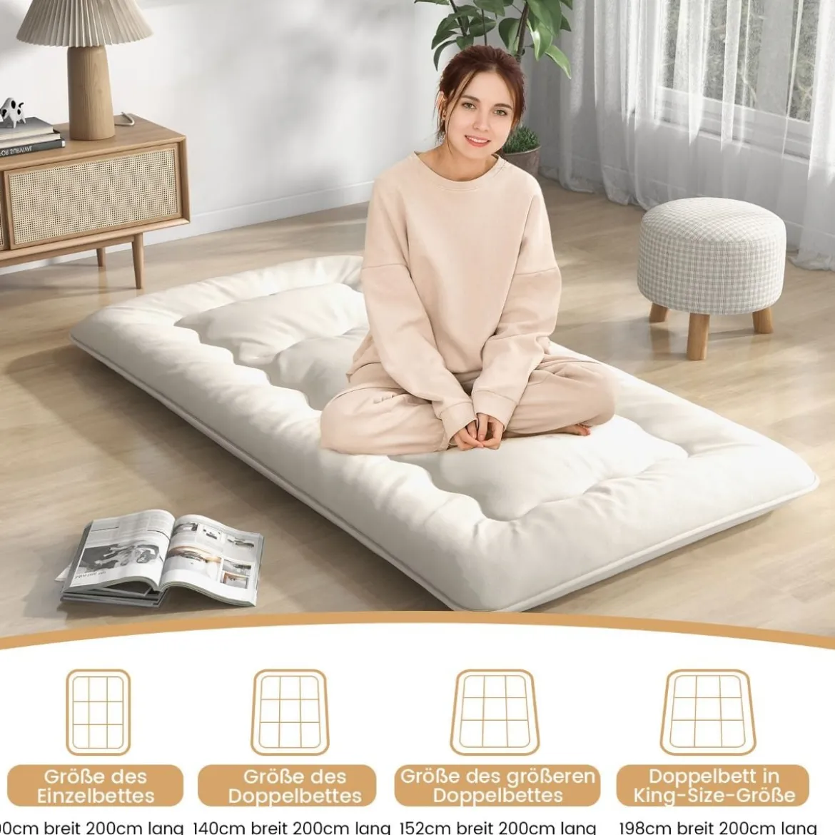 Japanische Futon Matratze mit Waschbarem Bezug & Tragetasche Tatami-Matte 90/140 x 200 cm