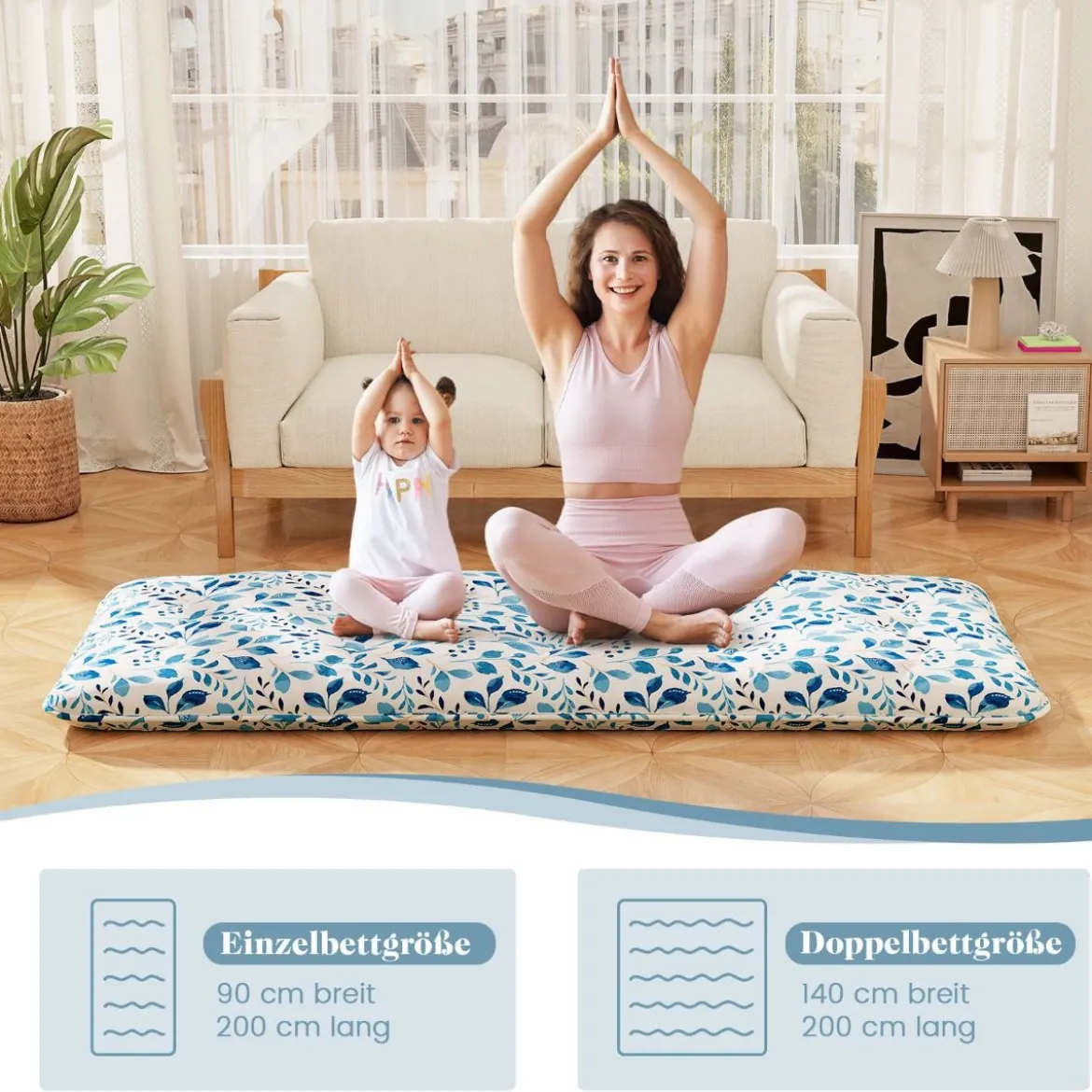 Japanische Futon Matratze mit Waschbarem Bezug & Tragetasche Tatami-Matte 90/140 x 200 cm