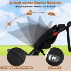 Jogging-Kinderwagen faltbarer Jogger mit verstellbarem Sonnendach neigbarem Sitz Schwarz