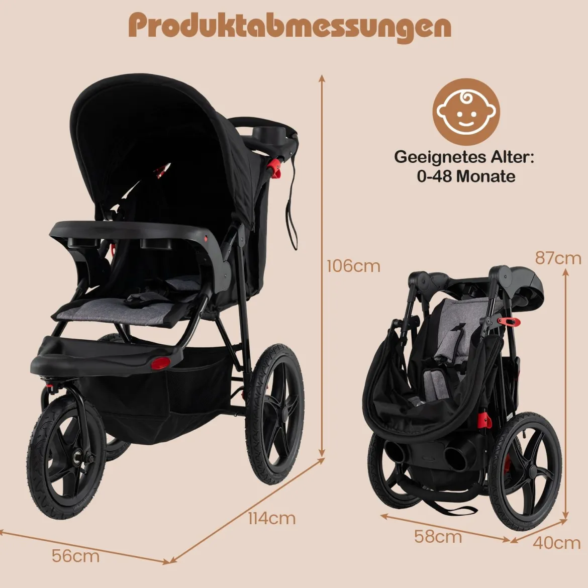 Jogging-Kinderwagen faltbarer Jogger mit verstellbarem Sonnendach neigbarem Sitz Schwarz