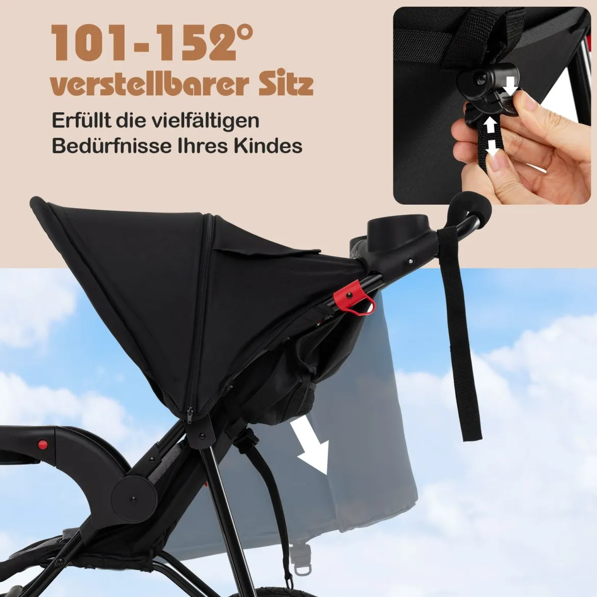 Jogging-Kinderwagen faltbarer Jogger mit verstellbarem Sonnendach neigbarem Sitz Schwarz