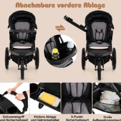 Jogging-Kinderwagen faltbarer Jogger mit verstellbarem Sonnendach neigbarem Sitz Schwarz