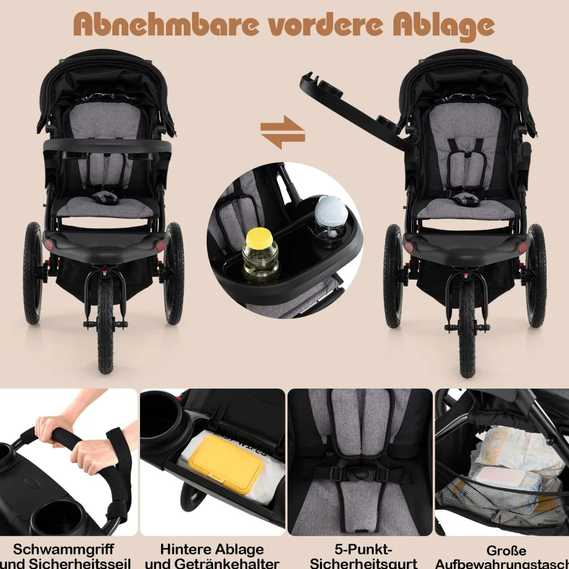 Jogging-Kinderwagen faltbarer Jogger mit verstellbarem Sonnendach neigbarem Sitz Schwarz