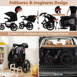 Jogging-Kinderwagen faltbarer Jogger mit verstellbarem Sonnendach neigbarem Sitz Schwarz