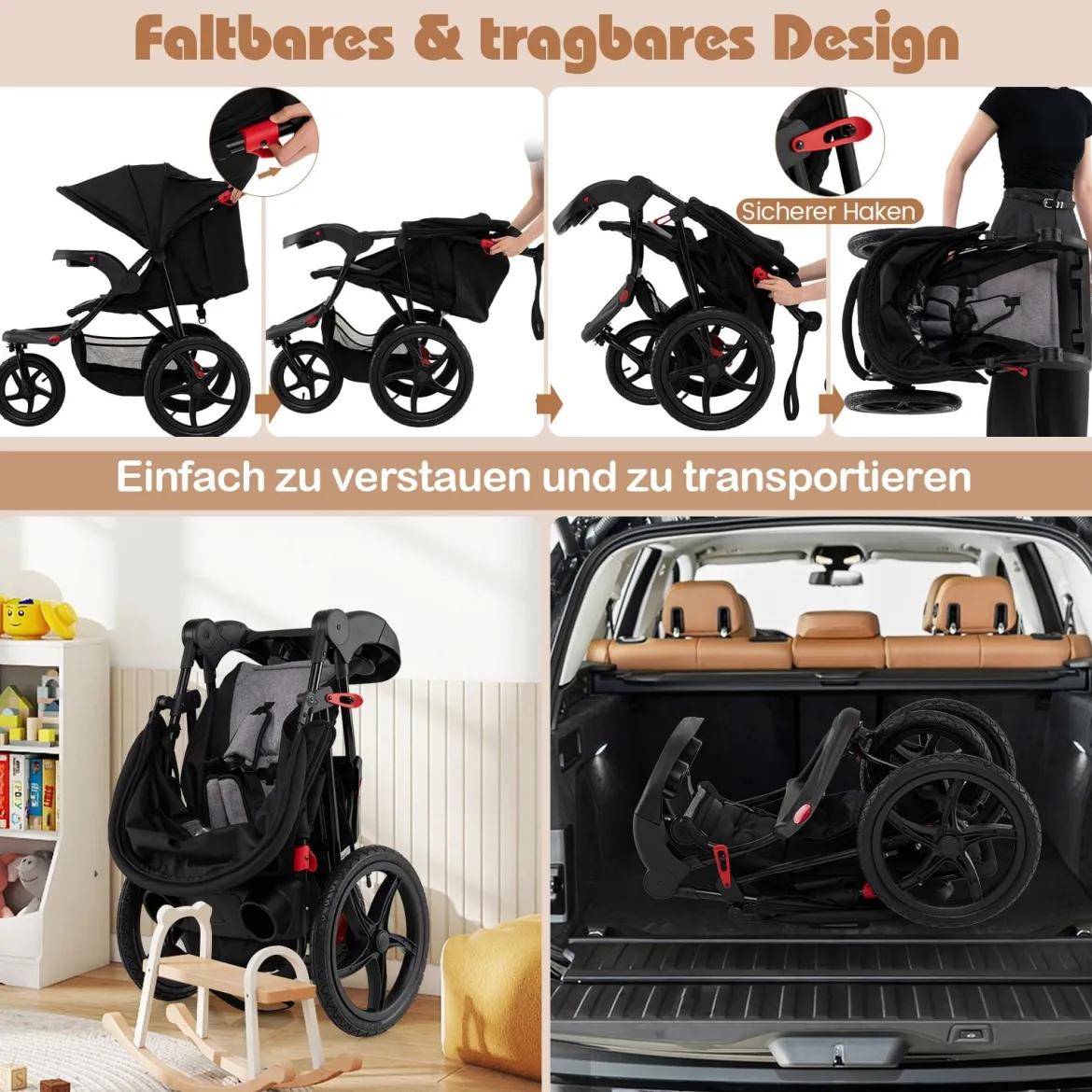 Jogging-Kinderwagen faltbarer Jogger mit verstellbarem Sonnendach neigbarem Sitz Schwarz