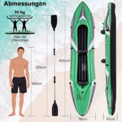 Kajak Aufblasbar für 2 Personen Schlauchboot mit 2 Aluminiumpaddel Fußstützen bis 160 kg Belastbar Grün