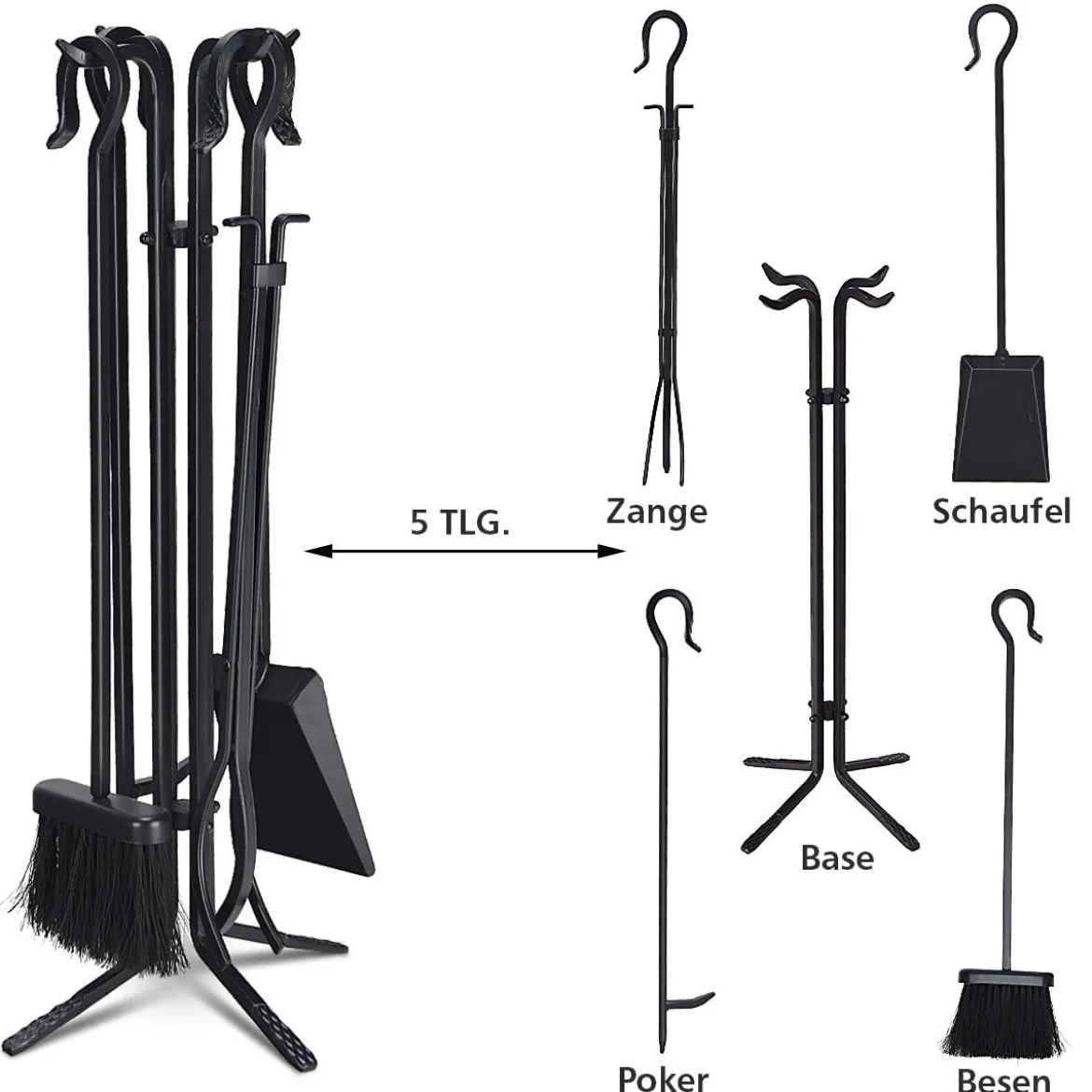 Kaminbesteck Set 5 TLG schmiedeeiserner Kaminwerkzeug set Schwarz
