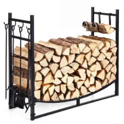 Kaminholzregal Metall mit Vierteiligem Kaminbesteck & Haken 85 x 33 x 77 cm Schwarz