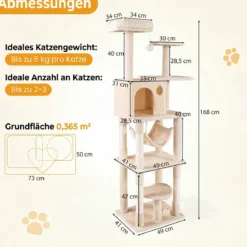 Katzenbaum 168 cm Mehrstöckiger Kratzbaum mit Katzhaus & Sisalpfosten für 2-3 Katzen Beige