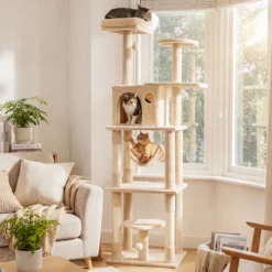 Katzenbaum 168 cm Mehrstöckiger Kratzbaum mit Katzhaus & Sisalpfosten für 2-3 Katzen Beige