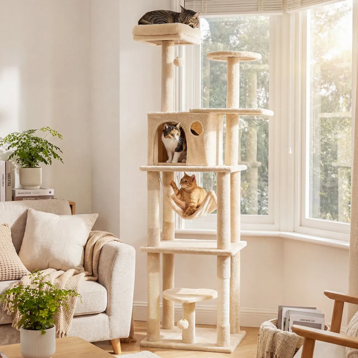 Katzenbaum 168 cm Mehrstöckiger Kratzbaum mit Katzhaus & Sisalpfosten für 2-3 Katzen Beige