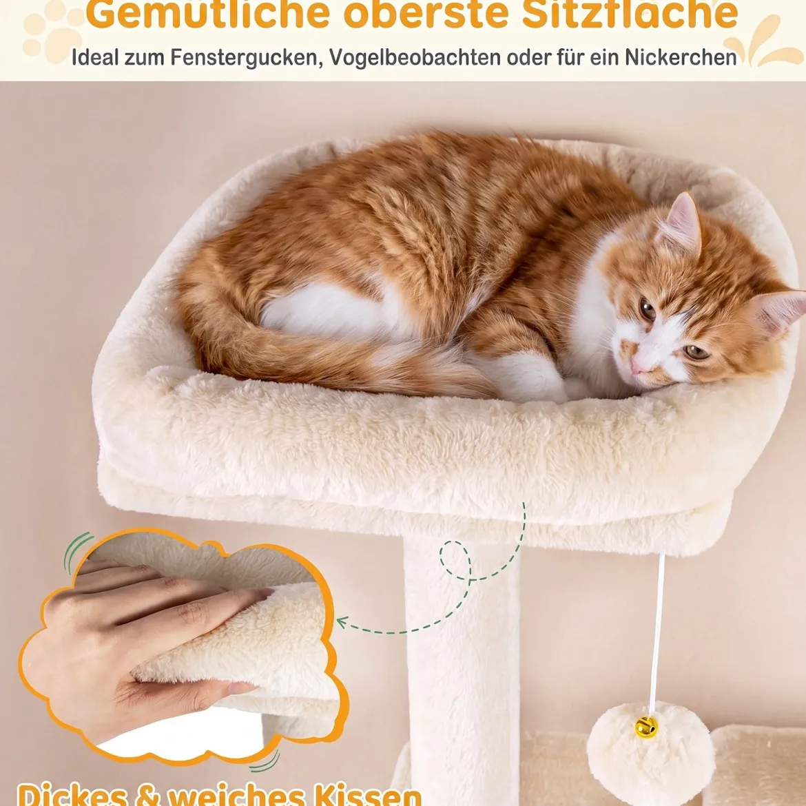 Katzenbaum 168 cm Mehrstöckiger Kratzbaum mit Katzhaus & Sisalpfosten für 2-3 Katzen Beige