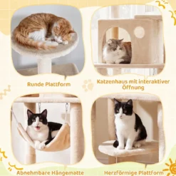 Katzenbaum 168 cm Mehrstöckiger Kratzbaum mit Katzhaus & Sisalpfosten für 2-3 Katzen Beige