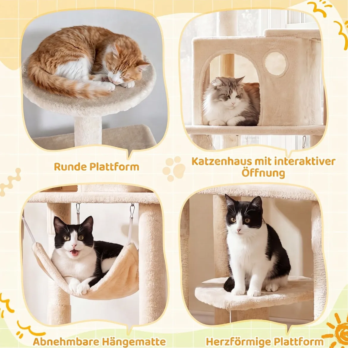 Katzenbaum 168 cm Mehrstöckiger Kratzbaum mit Katzhaus & Sisalpfosten für 2-3 Katzen Beige