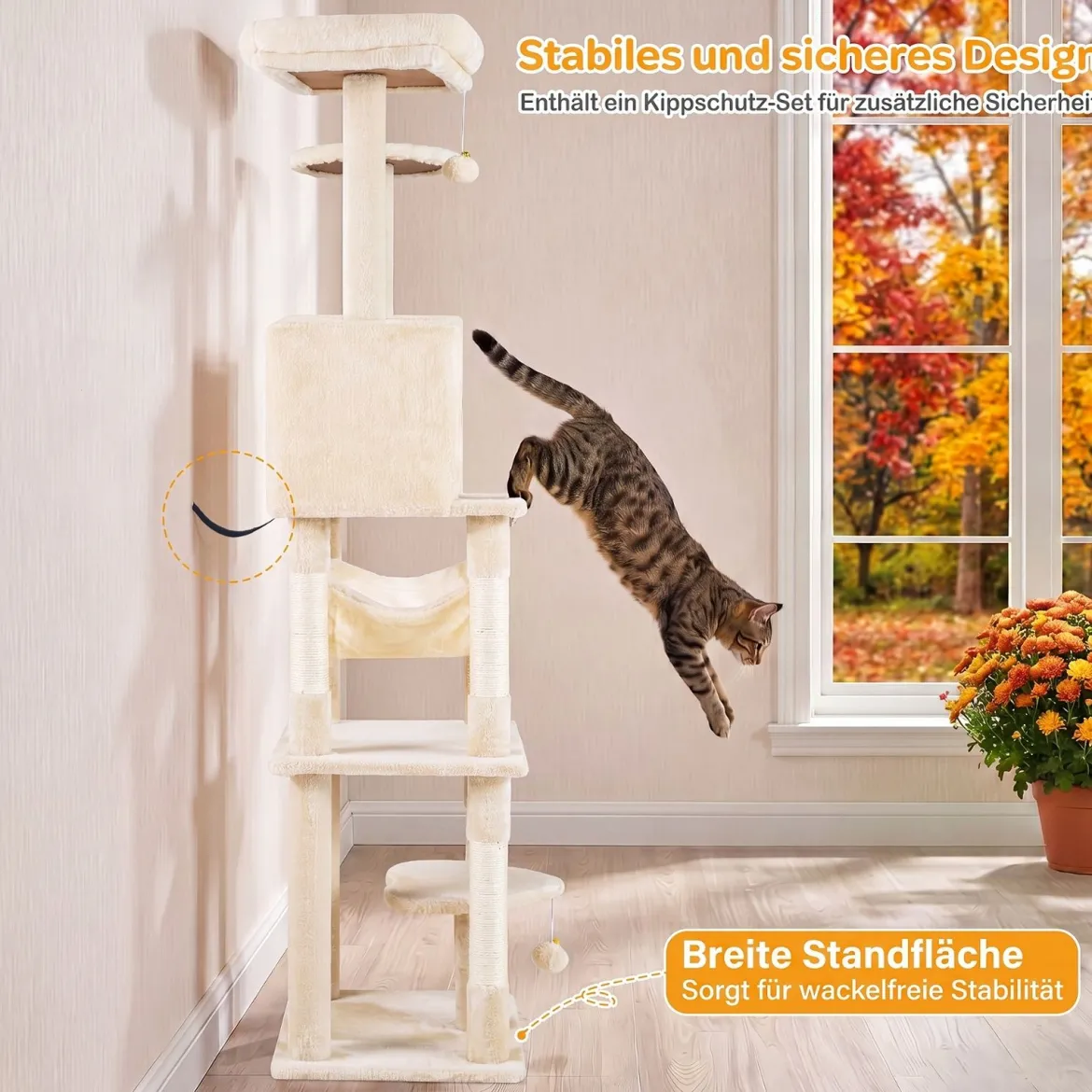 Katzenbaum 168 cm Mehrstöckiger Kratzbaum mit Katzhaus & Sisalpfosten für 2-3 Katzen Beige