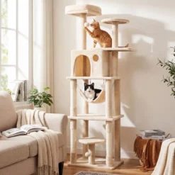 Katzenbaum 168 cm Mehrstöckiger Kratzbaum mit Katzhaus & Sisalpfosten für 2-3 Katzen Beige