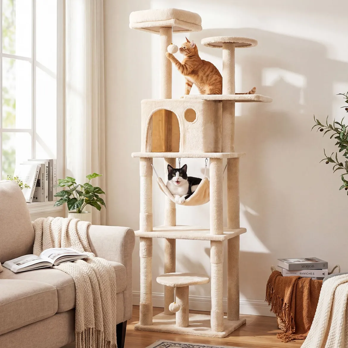 Katzenbaum 168 cm Mehrstöckiger Kratzbaum mit Katzhaus & Sisalpfosten für 2-3 Katzen Beige
