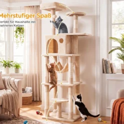 Katzenbaum 168 cm Mehrstöckiger Kratzbaum mit Katzhaus & Sisalpfosten für 2-3 Katzen Beige