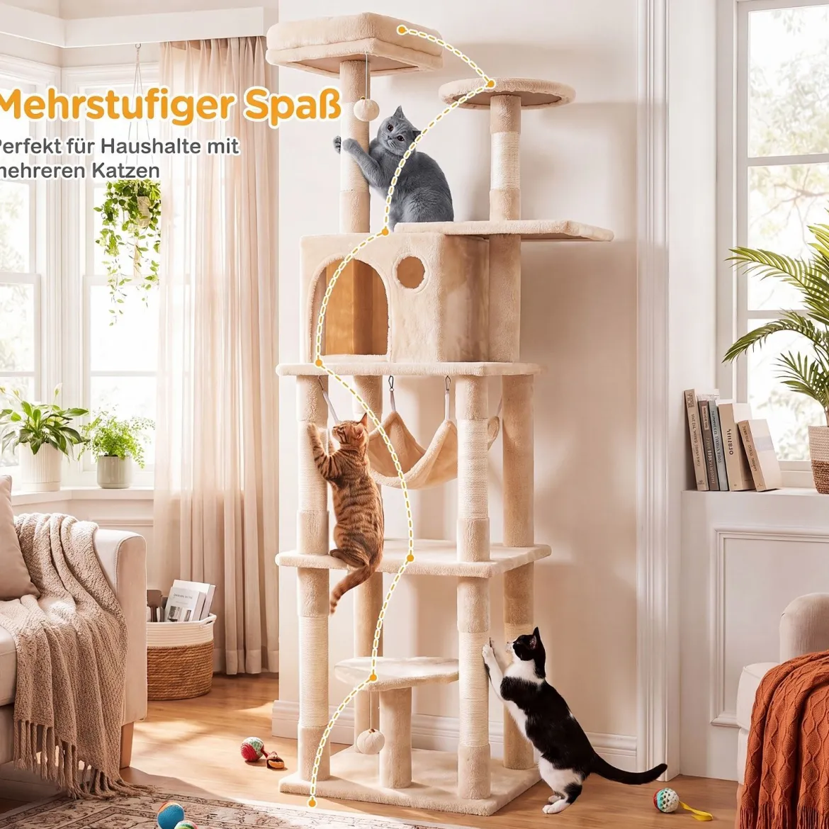 Katzenbaum 168 cm Mehrstöckiger Kratzbaum mit Katzhaus & Sisalpfosten für 2-3 Katzen Beige