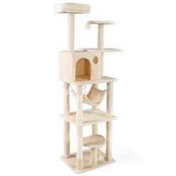 Katzenbaum 168 cm Mehrstöckiger Kratzbaum mit Katzhaus & Sisalpfosten für 2-3 Katzen Beige