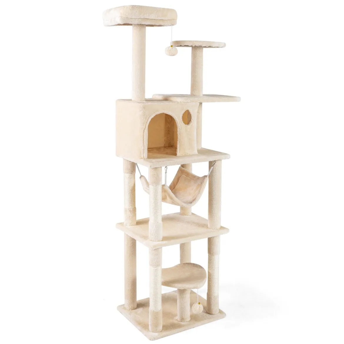 Katzenbaum 168 cm Mehrstöckiger Kratzbaum mit Katzhaus & Sisalpfosten für 2-3 Katzen Beige