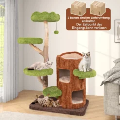 Katzenbaum mit Baumloch-Design & 2 Stöckigem Katzenhaus & Kratzsäulen & Sisal Paneel