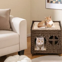 Katzenhaus aus PE-Rattan Klappbar 2 Etagen Katzenbett mit großer Sitzstange abnehmbaren Kissen 50,5 x 45 x 50 cm
