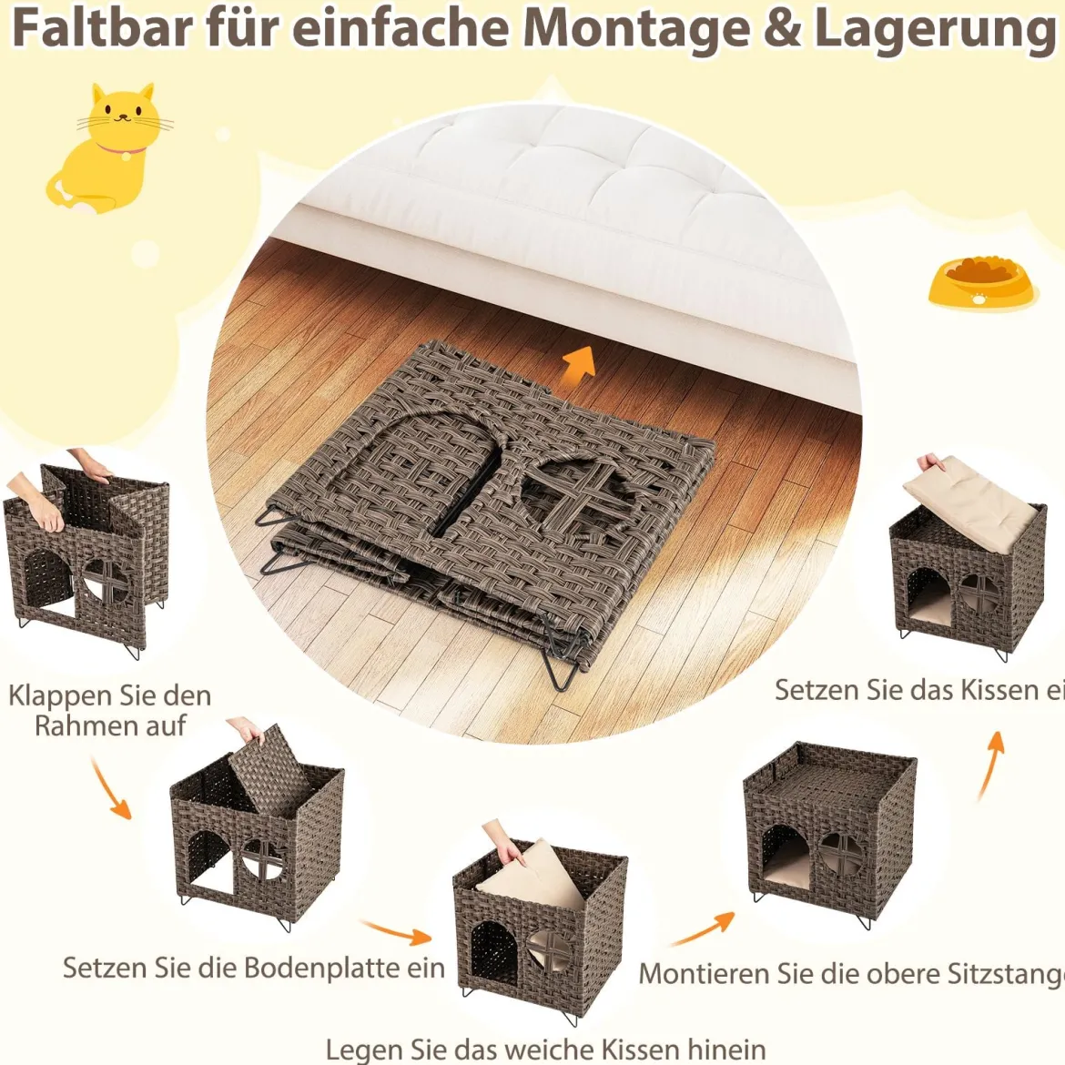 Katzenhaus aus PE-Rattan Klappbar 2 Etagen Katzenbett mit großer Sitzstange abnehmbaren Kissen 50,5 x 45 x 50 cm