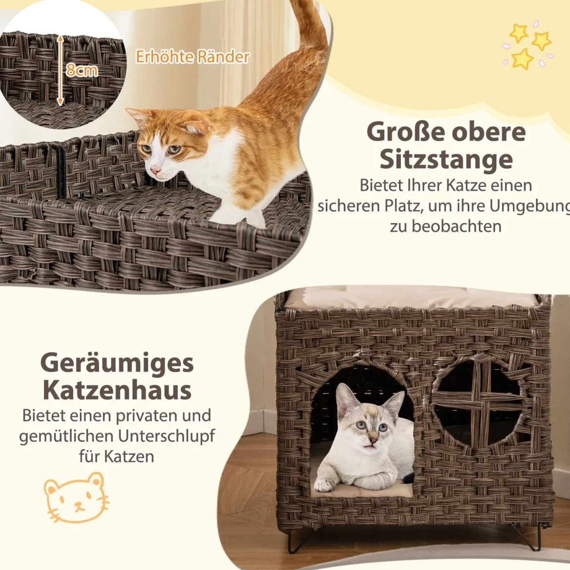 Katzenhaus aus PE-Rattan Klappbar 2 Etagen Katzenbett mit großer Sitzstange abnehmbaren Kissen 50,5 x 45 x 50 cm