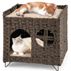 Katzenhaus aus PE-Rattan Klappbar 2 Etagen Katzenbett mit großer Sitzstange abnehmbaren Kissen 50,5 x 45 x 50 cm