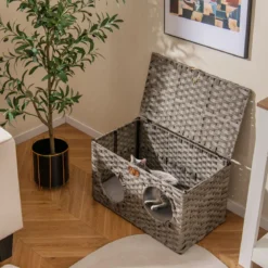 Katzenhaus aus PE-Rattan Klappbar Katzenbett mit abnehmbaren Kissen & abschließbarer Deckel 60 x 35 x 35 cm