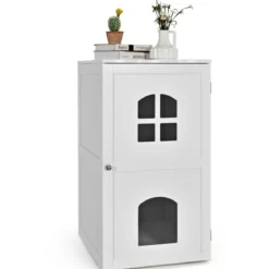 Katzenhaus 2 Ebene Katzenklo mit magnetischer Tür Kleintierhaus Holz Katzentoilette 60x50x90,5cm