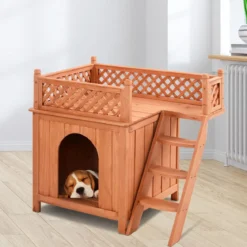 Katzenhaus Hundehütte Holz Hundehaus mit Treppe zweistöckig Kleintierhaus für Hunde und Katzen