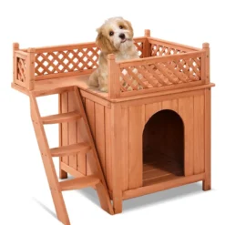 Katzenhaus Hundehütte Holz Hundehaus mit Treppe zweistöckig Kleintierhaus für Hunde und Katzen