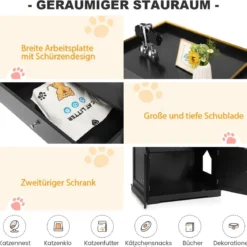 Katzenhaus mit Schublade und 2 Türen 3-in-1 Katzenhaus Katzentoilette Beistelltisch Schwarz